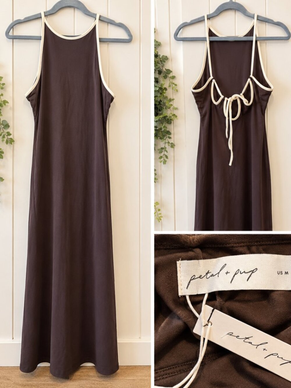 Petal + Pup Brown Contrast Trim Open Back Maxi Dress M NWT